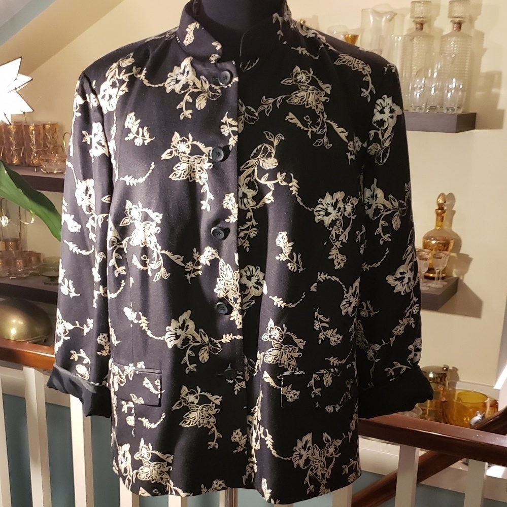 Charter Club Womens Black Mandarin Collar Blazer With Gold And Beige Floral